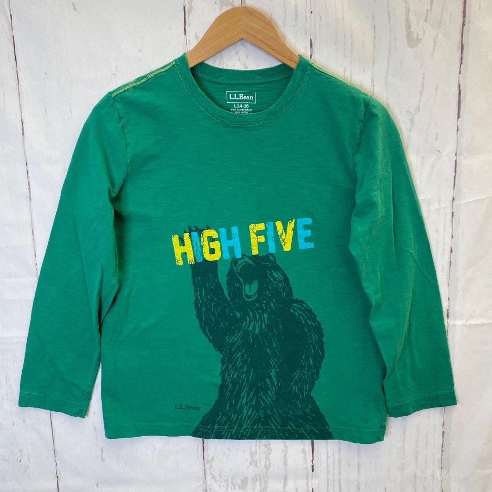 LL Bean T-Shirt Boys Youth Size L 14-16 Green Long Sleeve Crew Neck Polar Bear